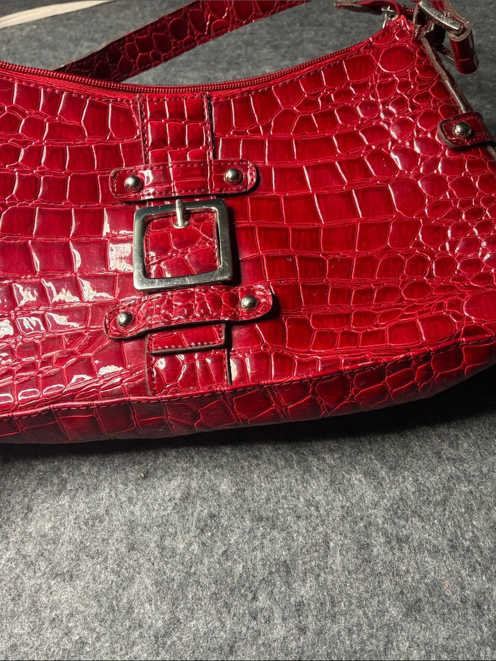 New York & Company Red Croc-Embossed Shoulder Bag with Buckle Accent - Picture 2 of 6